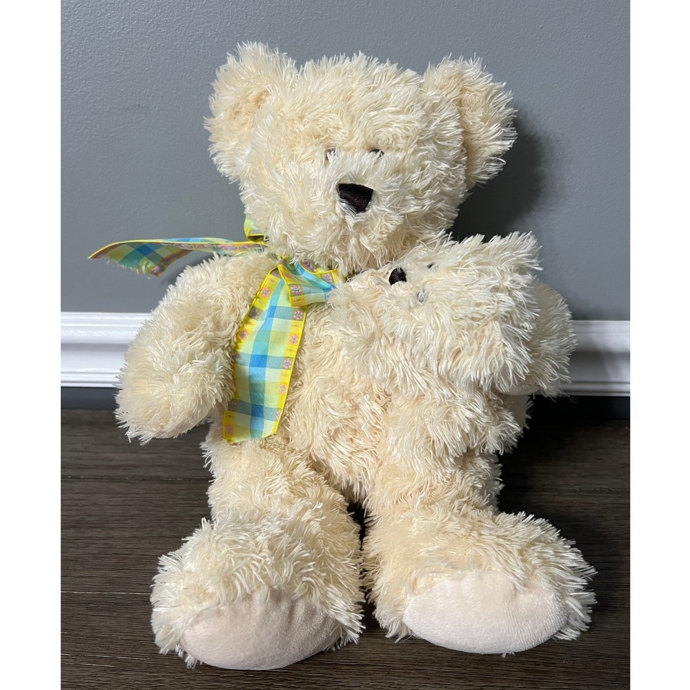 Hugfun International Mother and Baby Teddy Bear Plush Cream Shaggy Soft Toy Bow